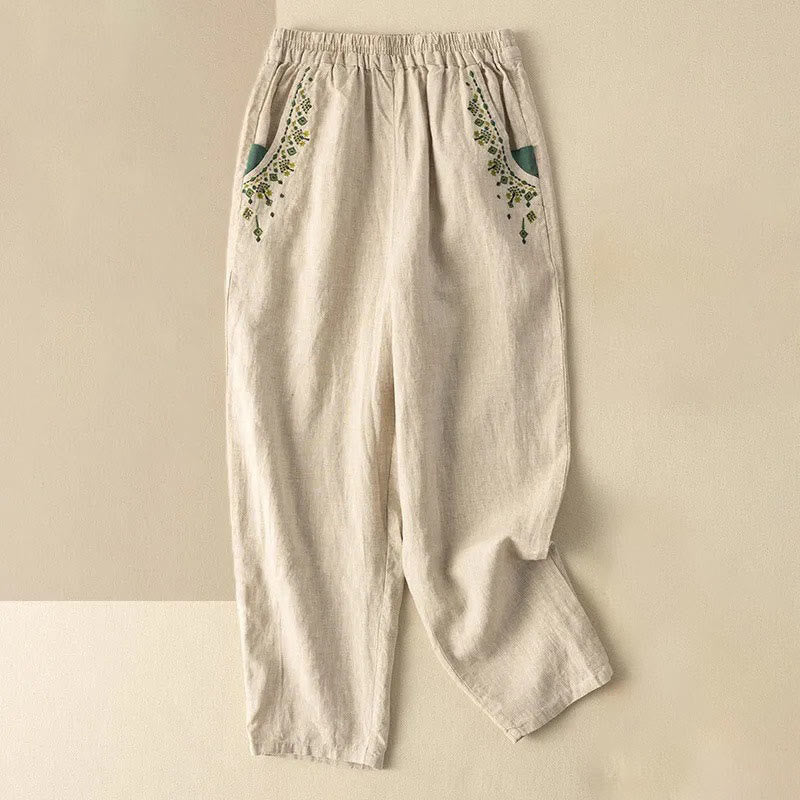 Nimara Ritual Vintage Embroidery Elastic Waist Capri Harem Pants With Pockets