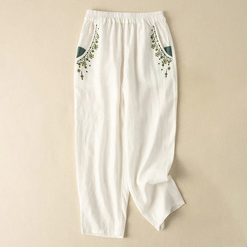 Nimara Ritual Vintage Embroidery Elastic Waist Capri Harem Pants With Pockets