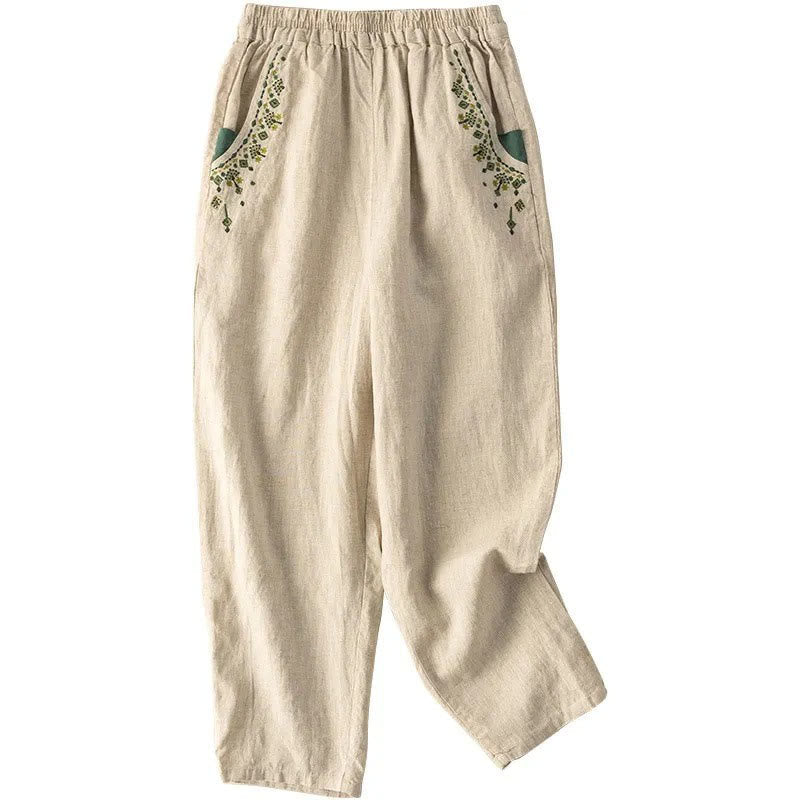Nimara Ritual Vintage Embroidery Elastic Waist Capri Harem Pants With Pockets
