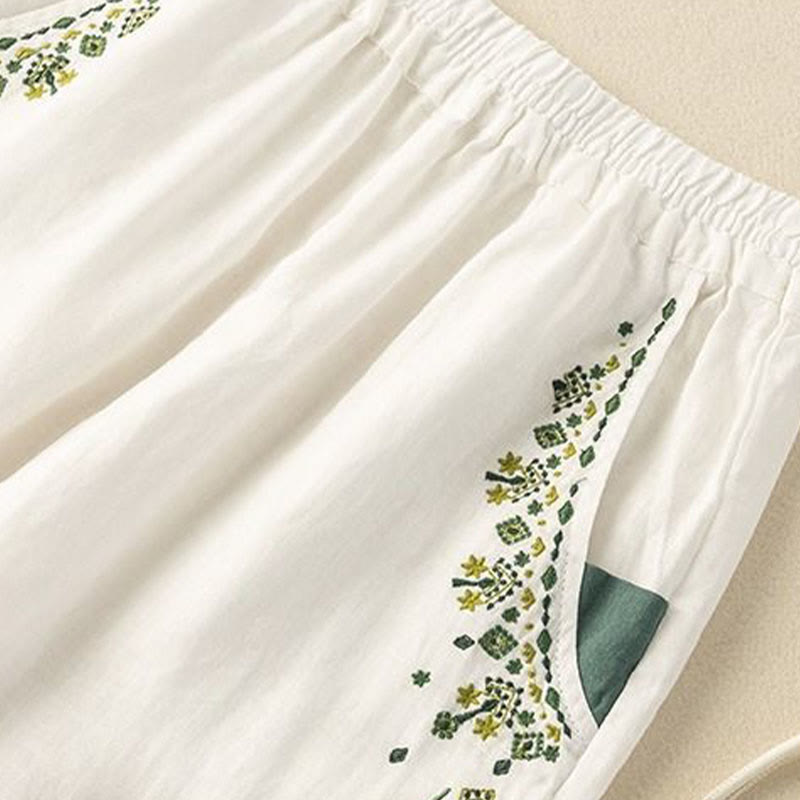 Nimara Ritual Vintage Embroidery Elastic Waist Capri Harem Pants With Pockets
