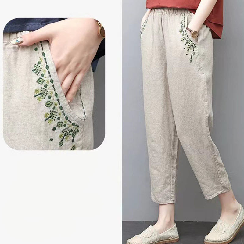 Nimara Ritual Vintage Embroidery Elastic Waist Capri Harem Pants With Pockets