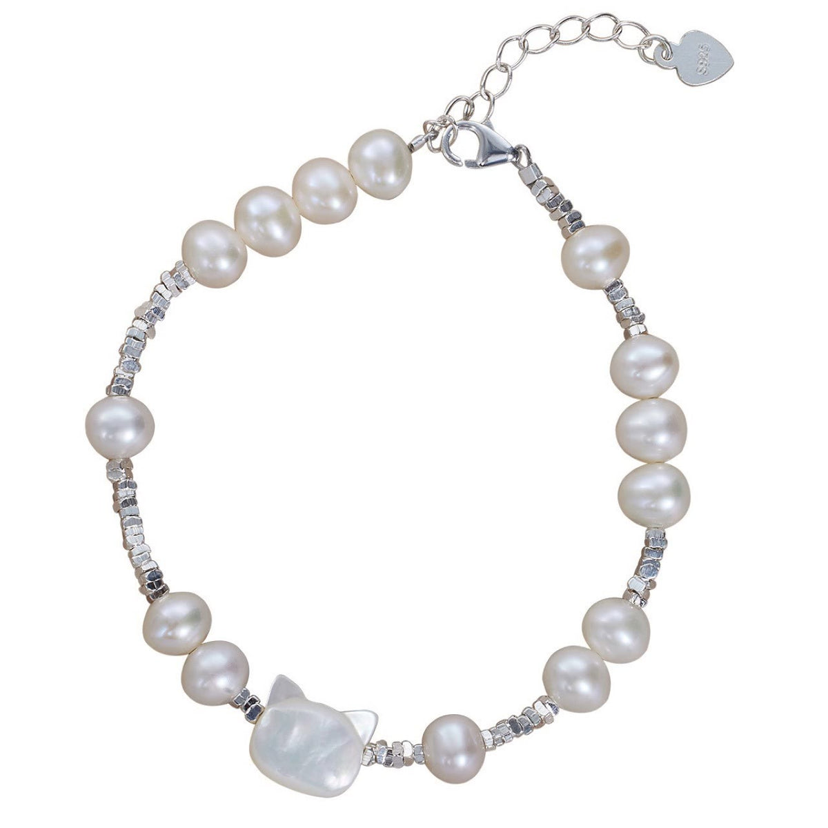 Nimara Ritual Pearl Cat Head Tridacna Stone Silver Healing Bracelet