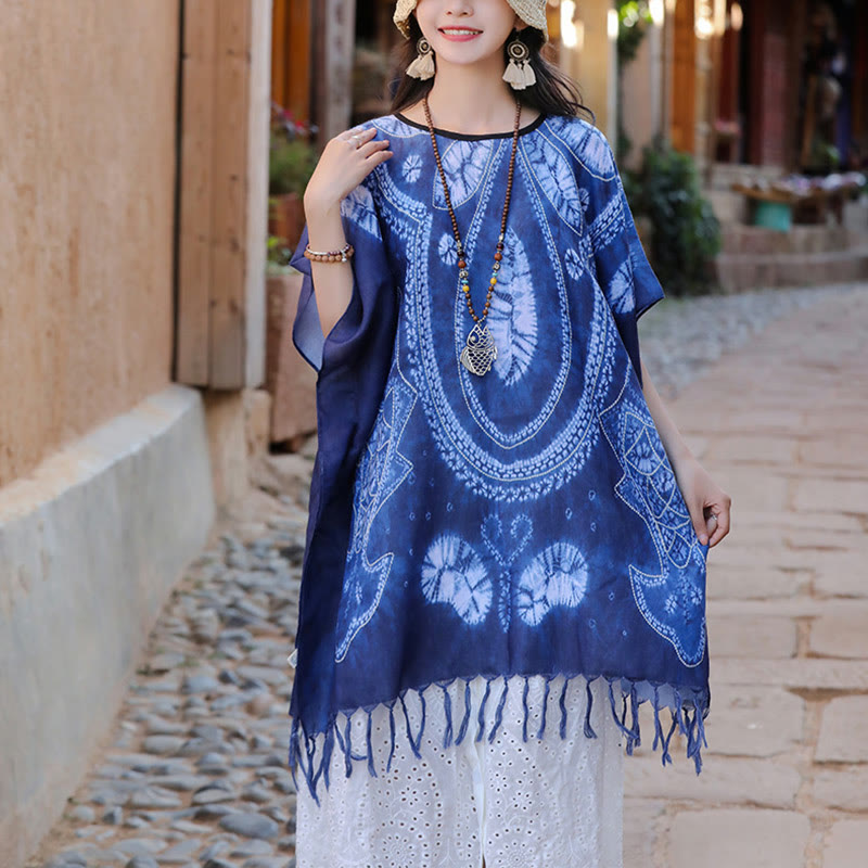 Nimara Ritual Blue Geometry Batik Shawl Tassels Cozy Travel Pullover 90*95cm