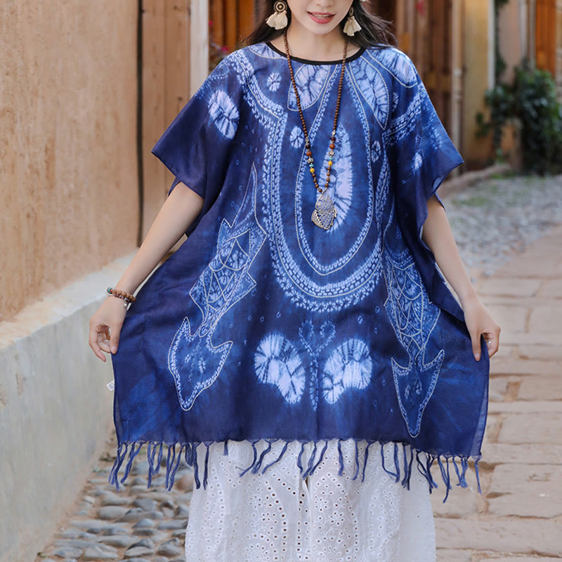 Nimara Ritual Blue Geometry Batik Shawl Tassels Cozy Travel Pullover 90*95cm