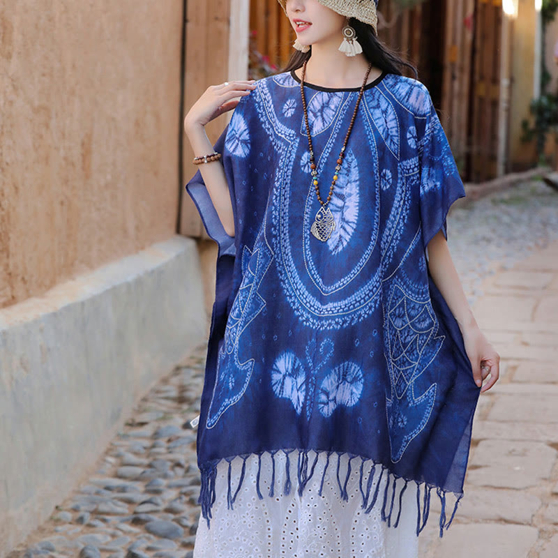 Nimara Ritual Blue Geometry Batik Shawl Tassels Cozy Travel Pullover 90*95cm
