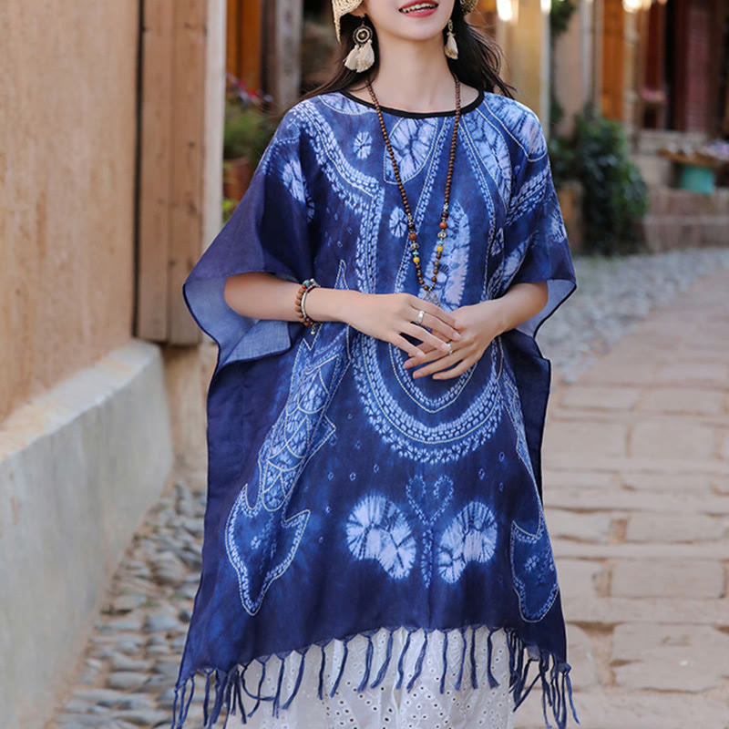 Nimara Ritual Blue Geometry Batik Shawl Tassels Cozy Travel Pullover 90*95cm
