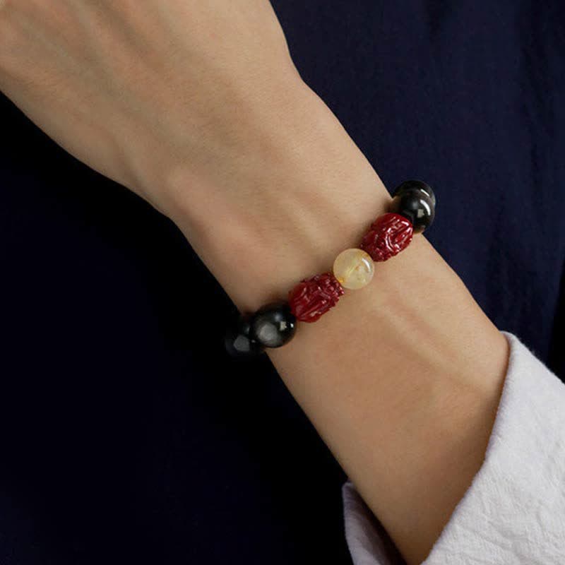 Nimara Ritual Gold Sheen Obsidian PiXiu Cinnabar Om Mani Padme Hum Protection Bracelet