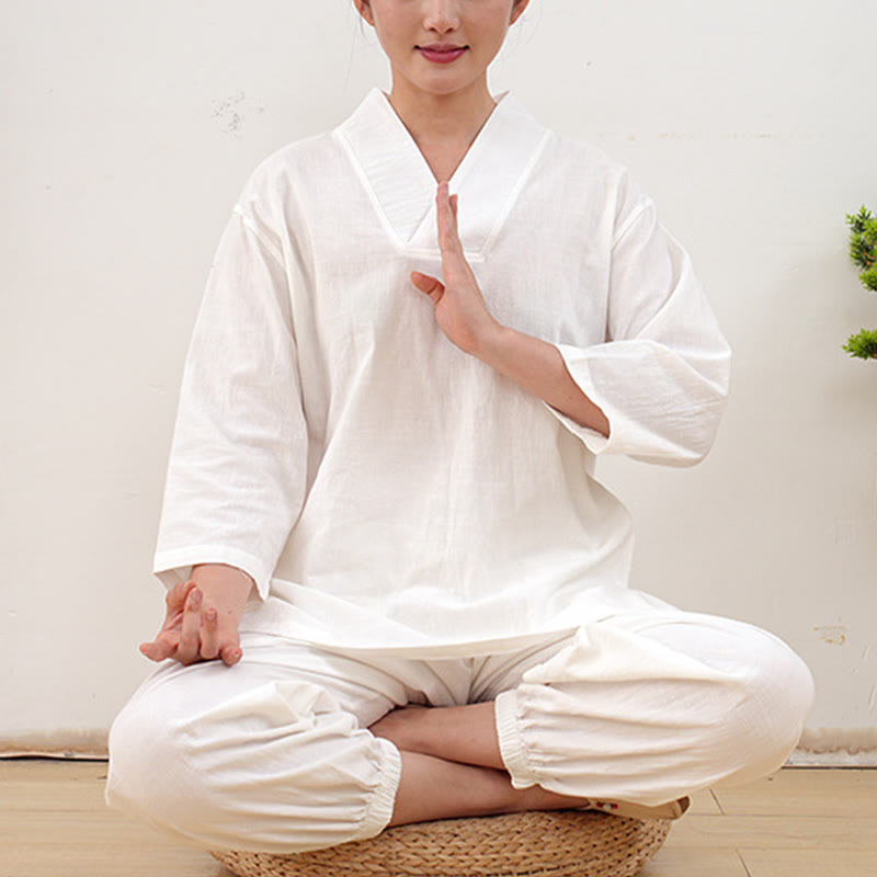 Nimara Ritual 2Pcs V-Neck Three Quarter Sleeve Shirt Top Pants Meditation Zen Tai Chi Clothing Women's Set