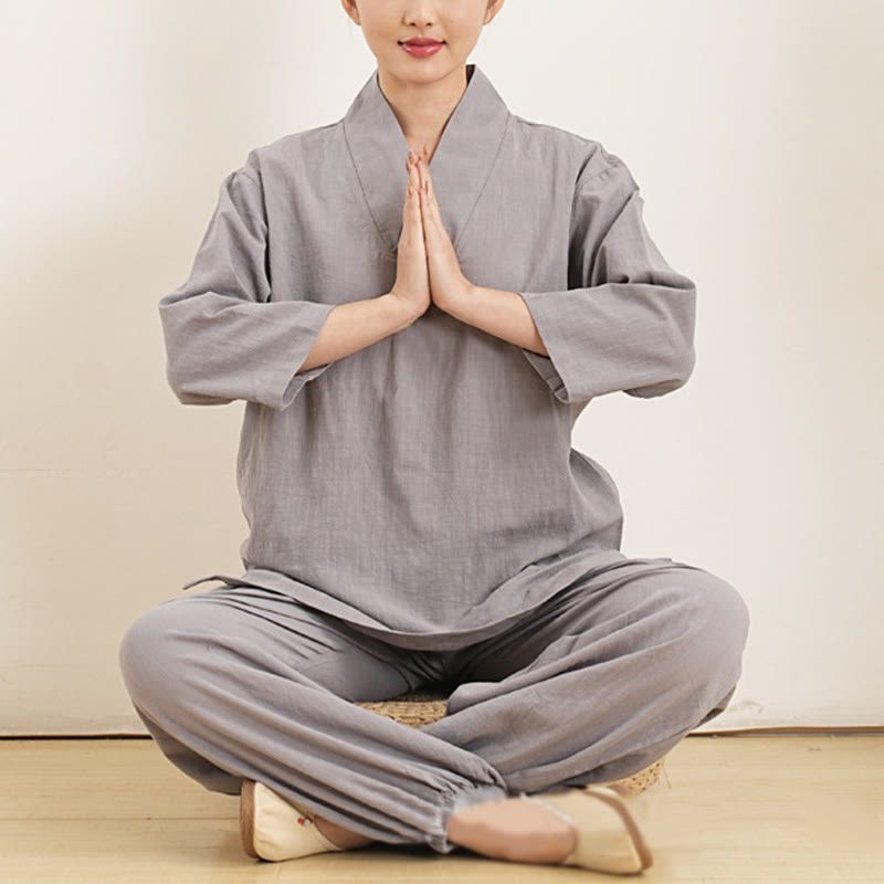 Nimara Ritual 2Pcs V-Neck Three Quarter Sleeve Shirt Top Pants Meditation Zen Tai Chi Clothing Women's Set