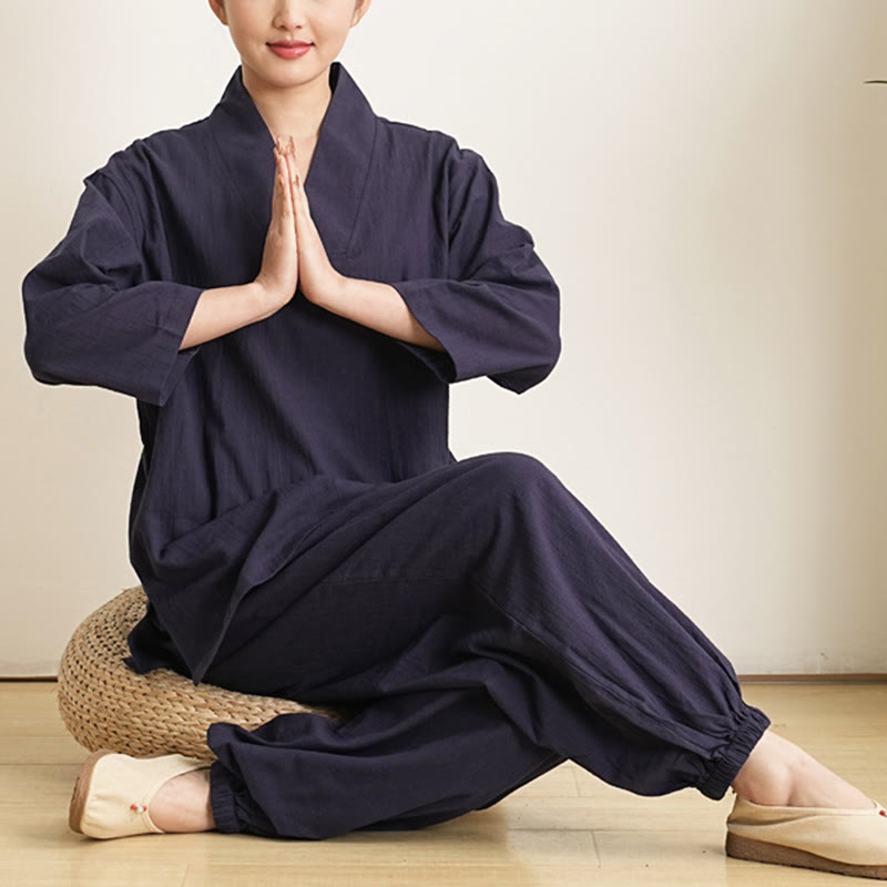 Nimara Ritual 2Pcs V-Neck Three Quarter Sleeve Shirt Top Pants Meditation Zen Tai Chi Clothing Women's Set