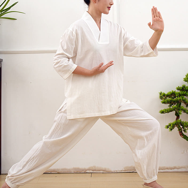 Nimara Ritual 2Pcs V-Neck Three Quarter Sleeve Shirt Top Pants Meditation Zen Tai Chi Clothing Women's Set
