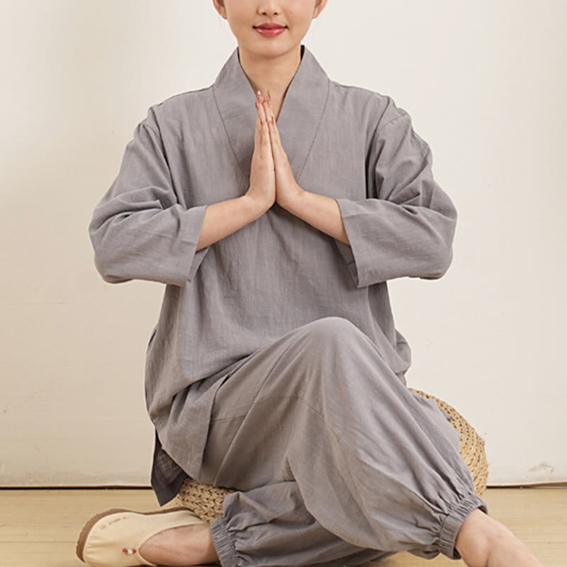 Nimara Ritual 2Pcs V-Neck Three Quarter Sleeve Shirt Top Pants Meditation Zen Tai Chi Clothing Women's Set