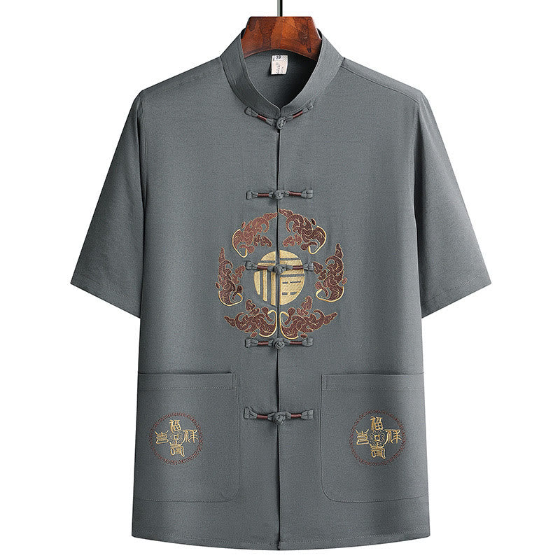 Nimara Ritual Fu Character Tang Suit Hanfu Traditional Uniform Short Sleeve Top Pants Clothing Men's Set