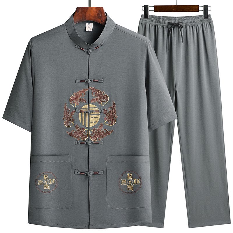 Nimara Ritual Fu Character Tang Suit Hanfu Traditional Uniform Short Sleeve Top Pants Clothing Men's Set
