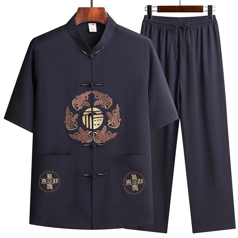 Nimara Ritual Fu Character Tang Suit Hanfu Traditional Uniform Short Sleeve Top Pants Clothing Men's Set