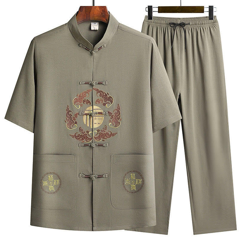 Nimara Ritual Fu Character Tang Suit Hanfu Traditional Uniform Short Sleeve Top Pants Clothing Men's Set
