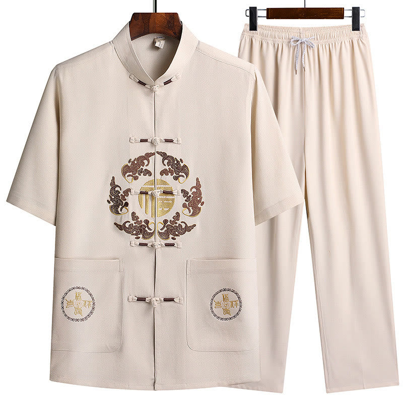 Nimara Ritual Fu Character Tang Suit Hanfu Traditional Uniform Short Sleeve Top Pants Clothing Men's Set