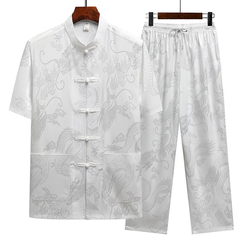 Nimara Ritual Dragon Pattern Tang Suit Hanfu Traditional Uniform Short Sleeve Top Pants Clothing Men's Set