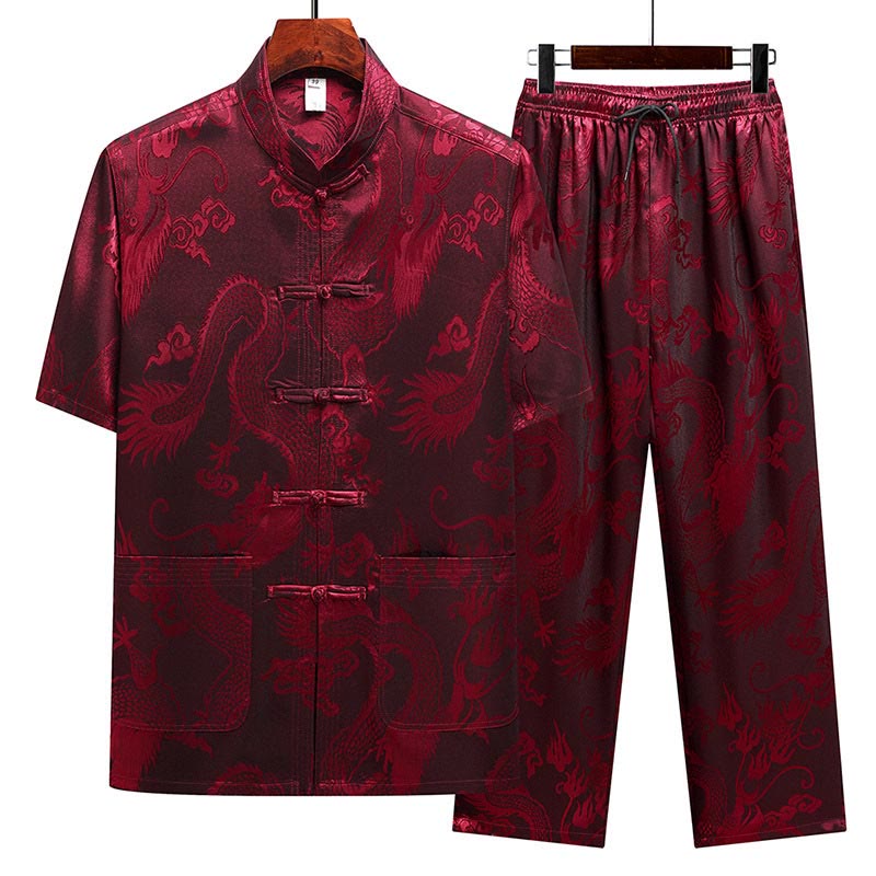 Nimara Ritual Dragon Pattern Tang Suit Hanfu Traditional Uniform Short Sleeve Top Pants Clothing Men's Set
