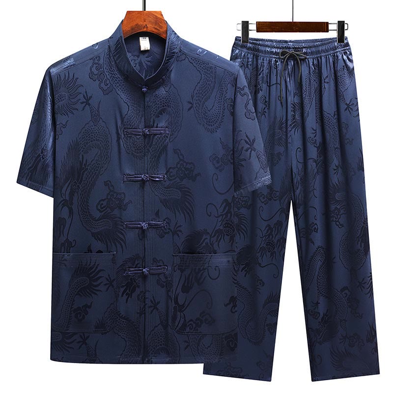 Nimara Ritual Dragon Pattern Tang Suit Hanfu Traditional Uniform Short Sleeve Top Pants Clothing Men's Set