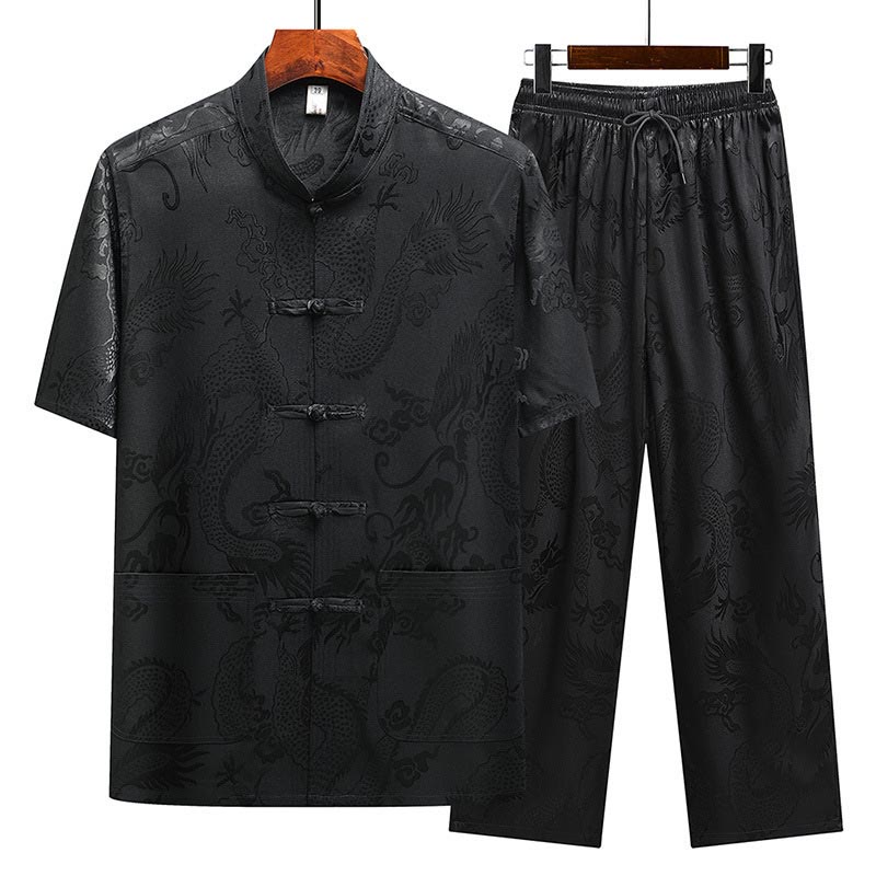 Nimara Ritual Dragon Pattern Tang Suit Hanfu Traditional Uniform Short Sleeve Top Pants Clothing Men's Set