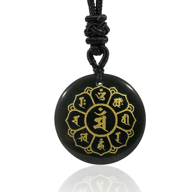 Nimara Ritual Om Mani Padme Hum Natural Various Crystal Black Obsidian Strength Necklace Pendant