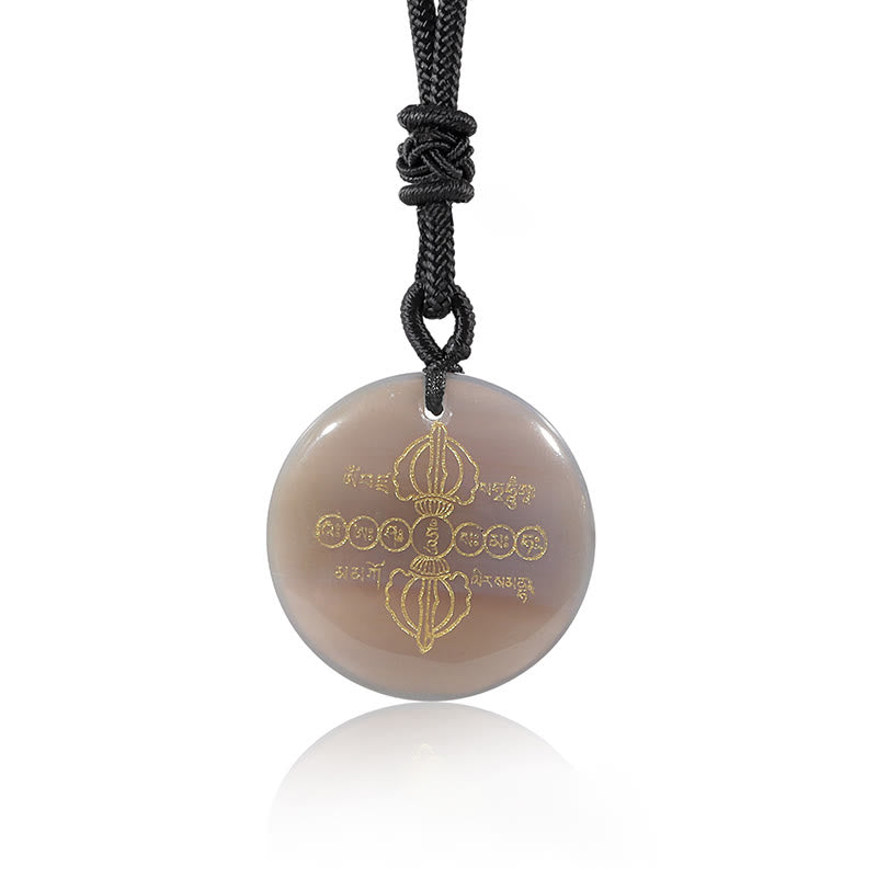 Nimara Ritual Vajra Dorje Sanskrit Pattern Natural Various Crystal Black Obsidian Fulfilment Necklace Pendant