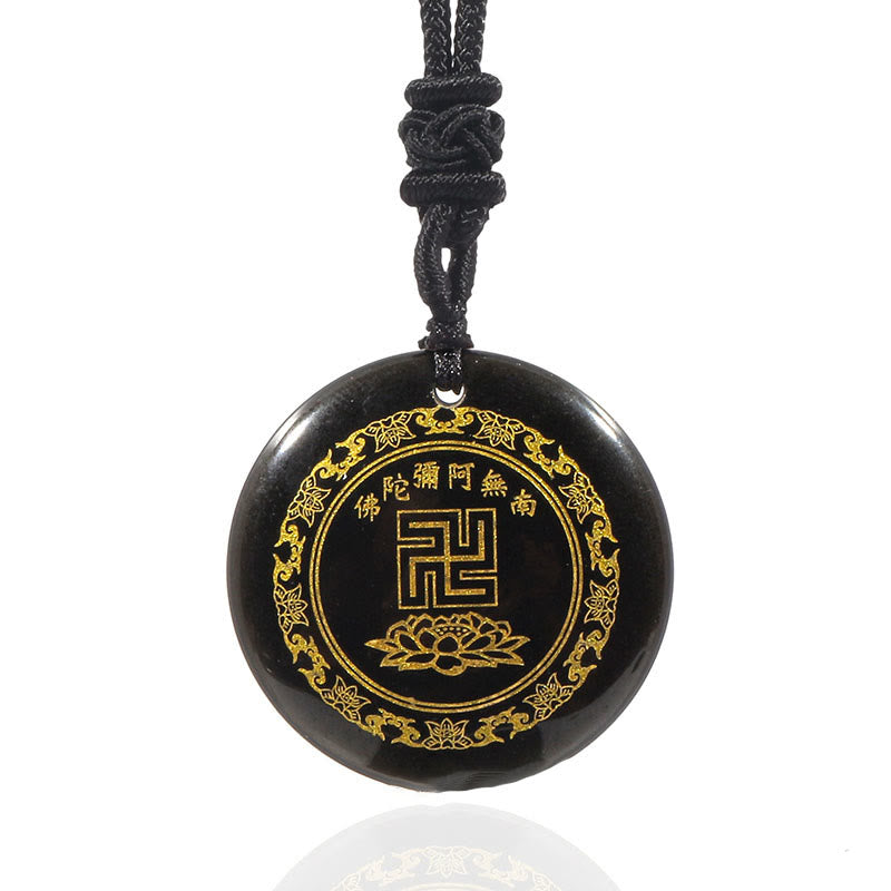 Nimara Ritual Swastika Lotus Pattern Natural Various Crystal Black Obsidian Purification Necklace Pendant