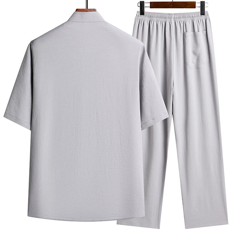 Nimara Ritual Fu Character Tang Suit Hanfu Traditional Uniform Short Sleeve Top Pants Clothing Men's Set