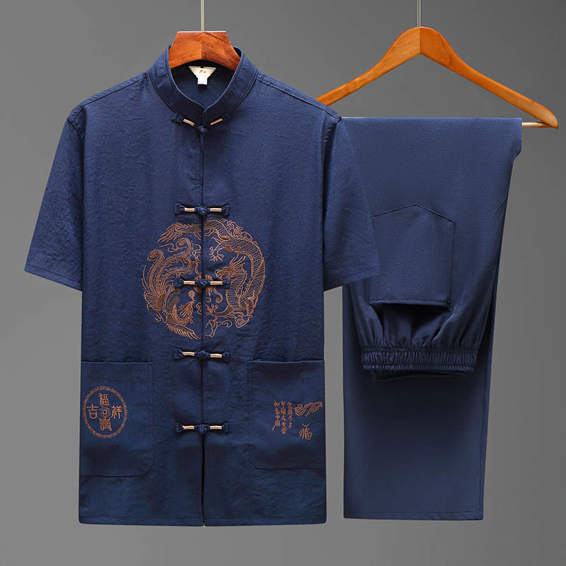 Nimara Ritual Dragon Fu Character Tang Suit Traditional Short Sleeve Shirt Wide Leg Pants Clothing Men's Set