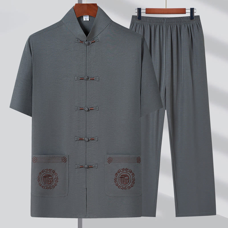 Nimara Ritual Fu Character Embroidery Tang Suit Traditional Frog-Button Short Sleeve Top Pants Clothing Men's Set