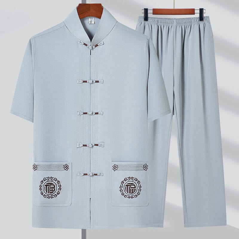 Nimara Ritual Fu Character Embroidery Tang Suit Traditional Frog-Button Short Sleeve Top Pants Clothing Men's Set