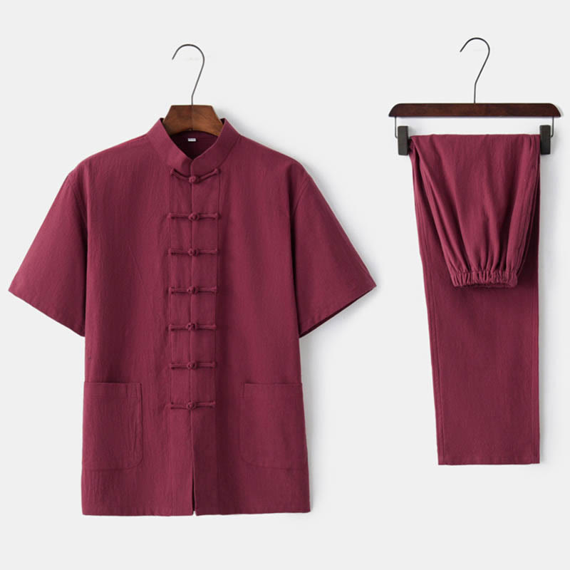 Nimara Ritual Solid Color Frog-Button Tang Suit Traditional Cotton Linen Short Sleeve Top Pants Clothing Men's Set