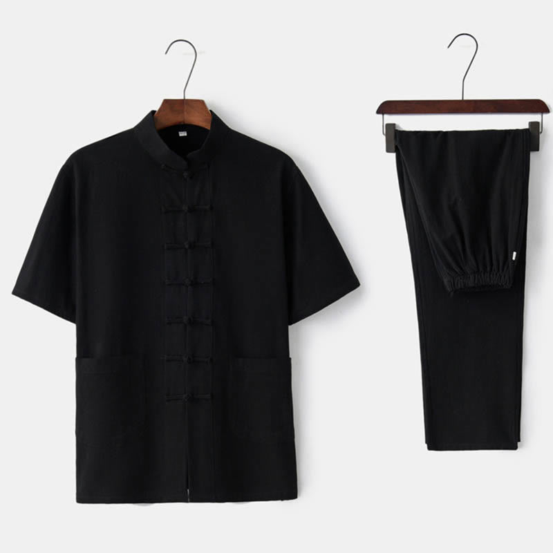 Nimara Ritual Solid Color Frog-Button Tang Suit Traditional Cotton Linen Short Sleeve Top Pants Clothing Men's Set