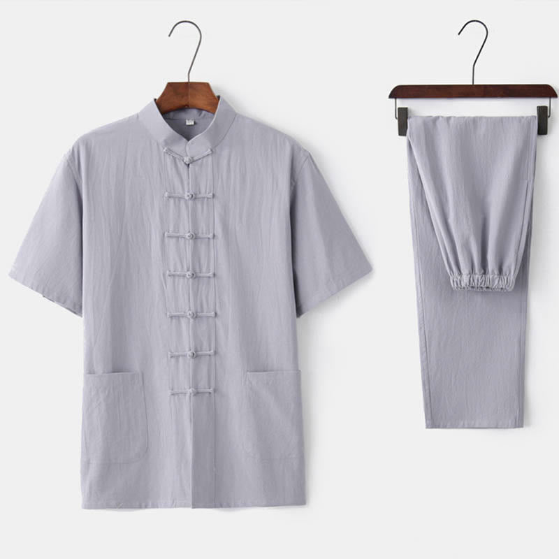 Nimara Ritual Solid Color Frog-Button Tang Suit Traditional Cotton Linen Short Sleeve Top Pants Clothing Men's Set