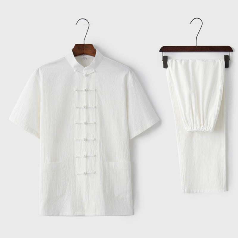 Nimara Ritual Solid Color Frog-Button Tang Suit Traditional Cotton Linen Short Sleeve Top Pants Clothing Men's Set