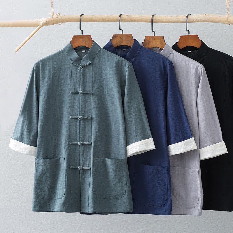 Nimara Ritual Frog-Button Chinese Tang Suit Half Sleeve Shirt Cotton Men Clothing With Pockets