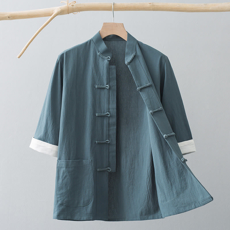 Nimara Ritual Frog-Button Chinese Tang Suit Half Sleeve Shirt Cotton Men Clothing With Pockets