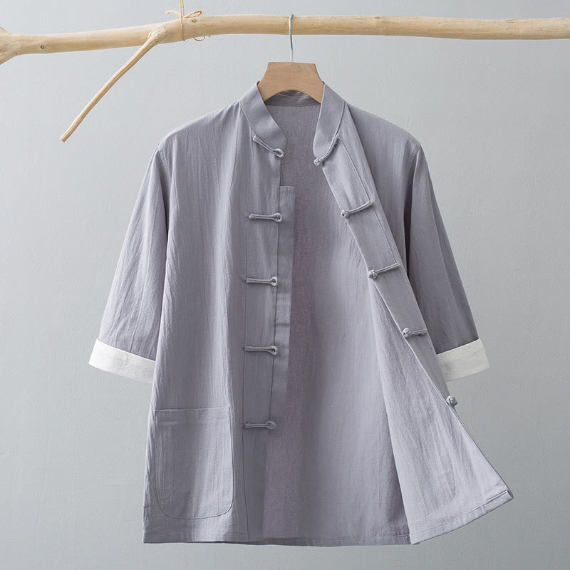 Nimara Ritual Frog-Button Chinese Tang Suit Half Sleeve Shirt Cotton Men Clothing With Pockets