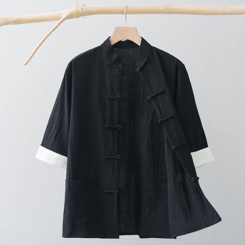 Nimara Ritual Frog-Button Chinese Tang Suit Half Sleeve Shirt Cotton Men Clothing With Pockets