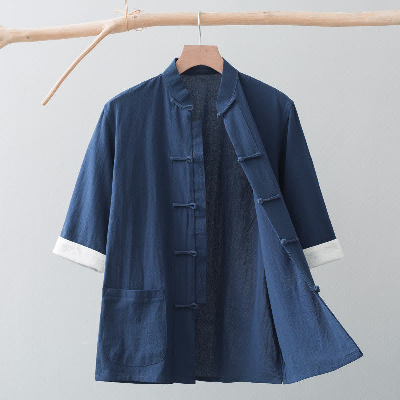 Nimara Ritual Frog-Button Chinese Tang Suit Half Sleeve Shirt Cotton Men Clothing With Pockets