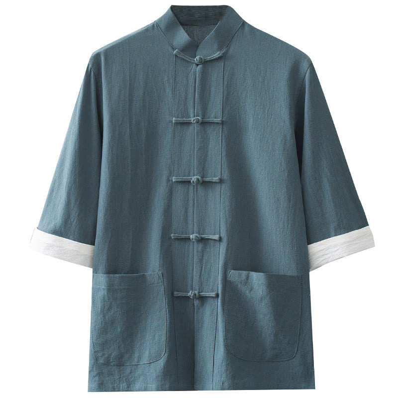 Nimara Ritual Frog-Button Chinese Tang Suit Half Sleeve Shirt Cotton Men Clothing With Pockets