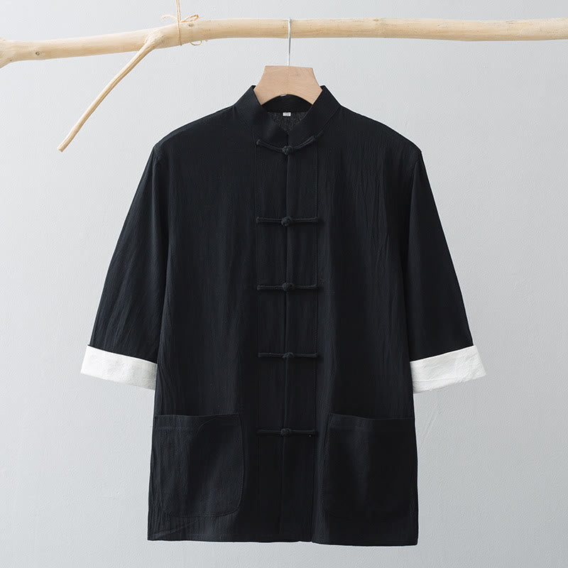 Nimara Ritual Frog-Button Chinese Tang Suit Half Sleeve Shirt Cotton Men Clothing With Pockets