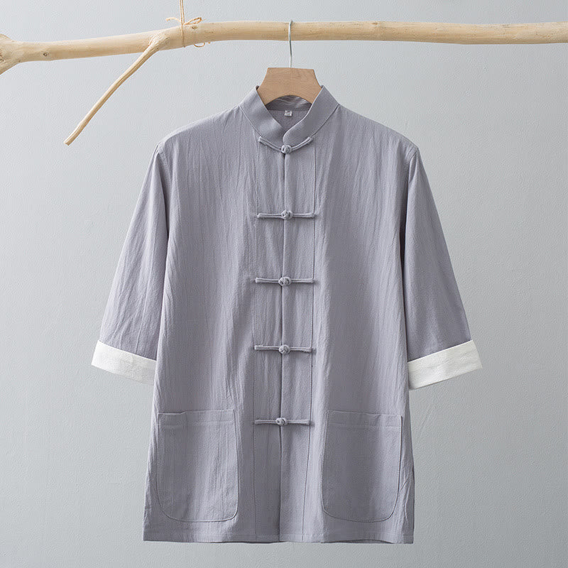 Nimara Ritual Frog-Button Chinese Tang Suit Half Sleeve Shirt Cotton Men Clothing With Pockets