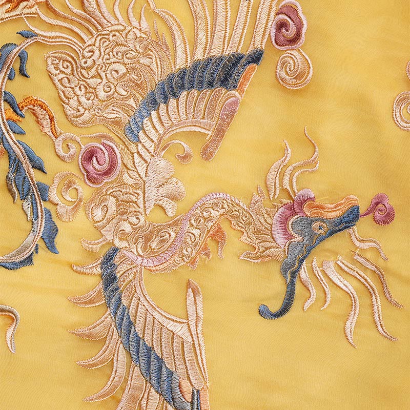 Nimara Ritual 100% Mulberry Silk Organza Dress Embroidered Yellow Phoenix Qipao Cheongsam Dress