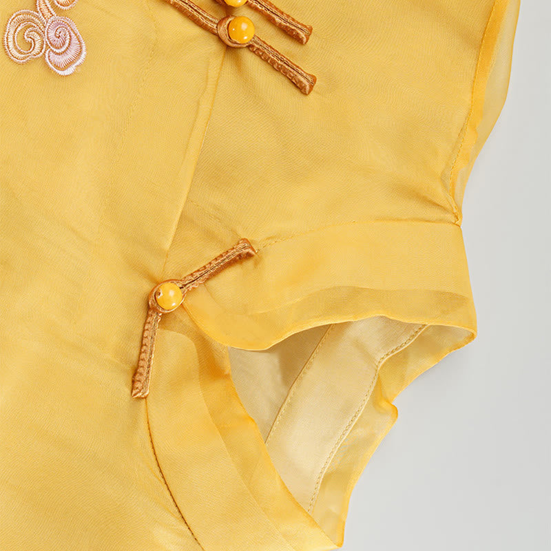 Nimara Ritual 100% Mulberry Silk Organza Dress Embroidered Yellow Phoenix Qipao Cheongsam Dress