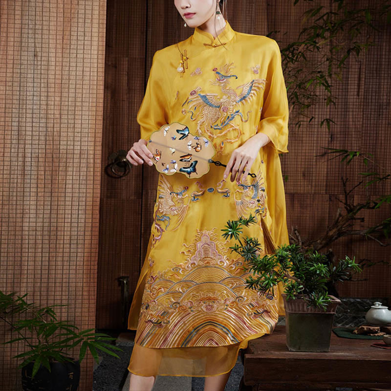 Nimara Ritual 100% Mulberry Silk Organza Dress Embroidered Yellow Phoenix Qipao Cheongsam Dress