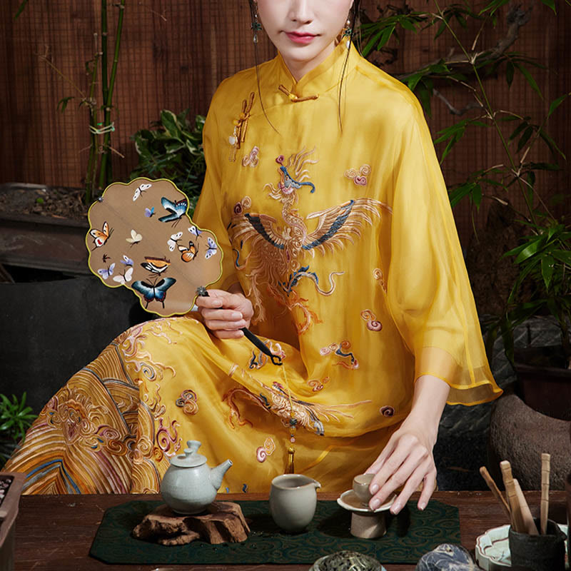 Nimara Ritual 100% Mulberry Silk Organza Dress Embroidered Yellow Phoenix Qipao Cheongsam Dress
