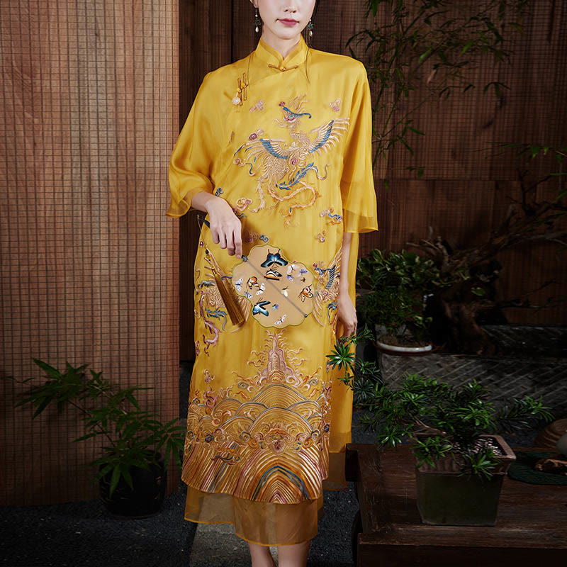 Nimara Ritual 100% Mulberry Silk Organza Dress Embroidered Yellow Phoenix Qipao Cheongsam Dress
