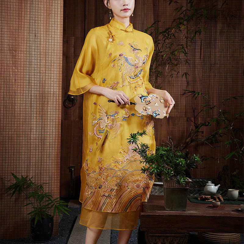 Nimara Ritual 100% Mulberry Silk Organza Dress Embroidered Yellow Phoenix Qipao Cheongsam Dress